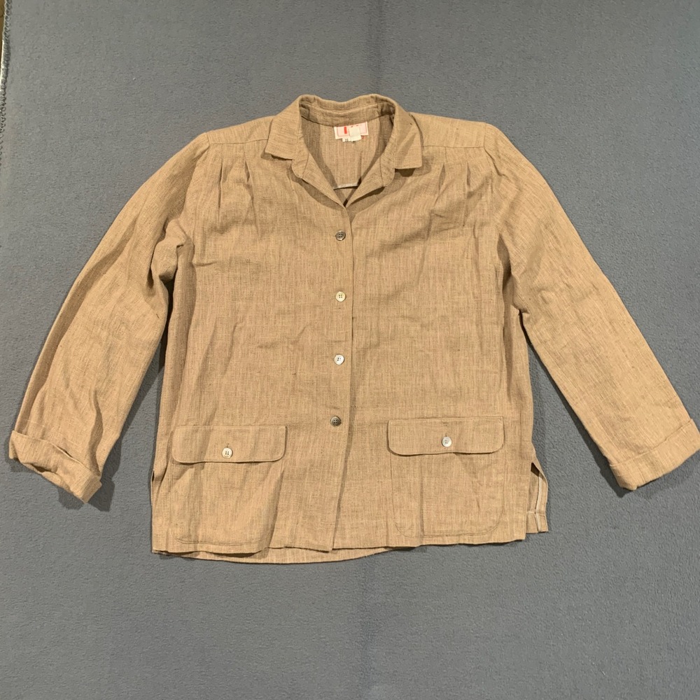 PSI Cotton Safari Jacket Women 16 Tan Vintage Utility Chore Coat Coastal Grandma
